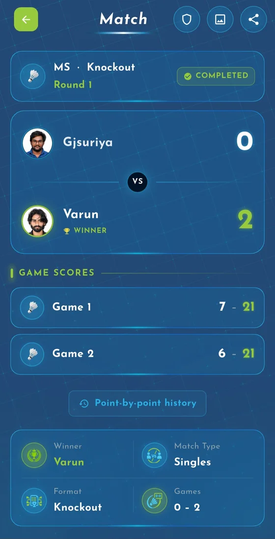 Match screen: knockout round with game scores and winner